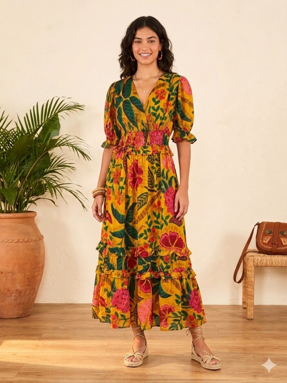 FARM Rio Mustard Floral Tiered Maxi Dress with Pink & Green Motif